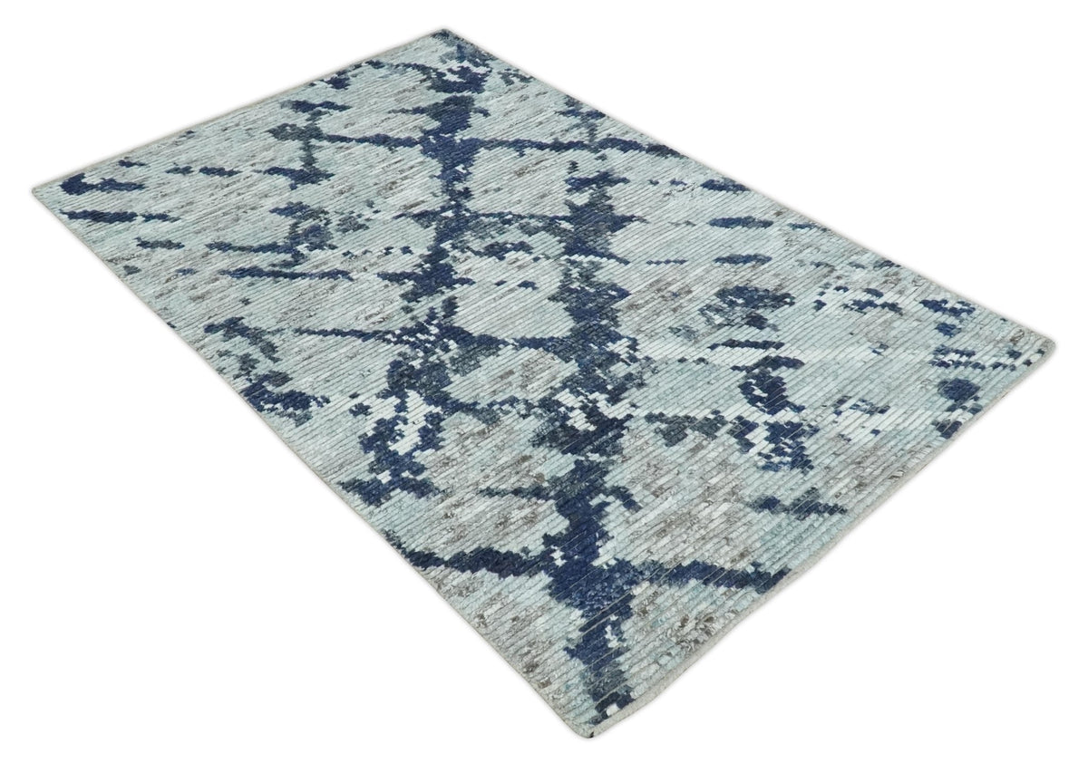 Custom Made Hand Woven Silver And Blue Abstract Trellis Moroccan Blended Wool Rug.
