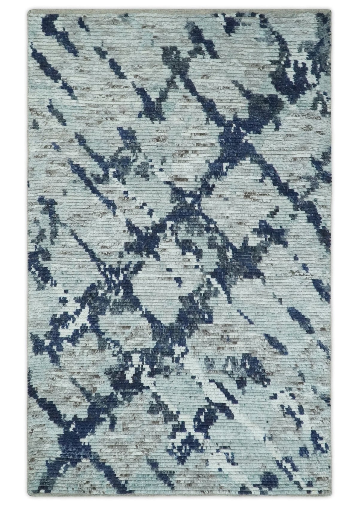 Custom Made Hand Woven Silver And Blue Abstract Trellis Moroccan Blended Wool Rug.
