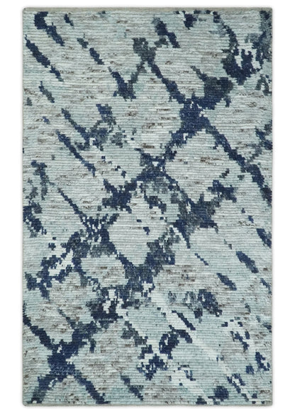 Custom Made Hand Woven Silver And Blue Abstract Trellis Moroccan Blended Wool Rug.