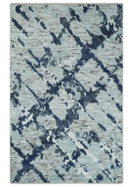 Custom Made Hand Woven Silver And Blue Abstract Trellis Moroccan Blended Wool Rug.