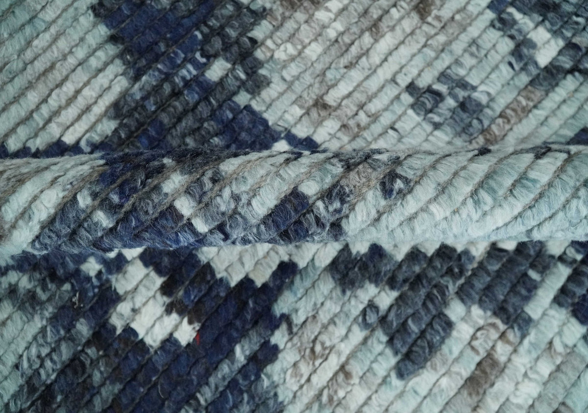 Custom Made Hand Woven Silver And Blue Abstract Trellis Moroccan Blended Wool Rug.