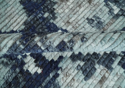 Custom Made Hand Woven Silver And Blue Abstract Trellis Moroccan Blended Wool Rug.
