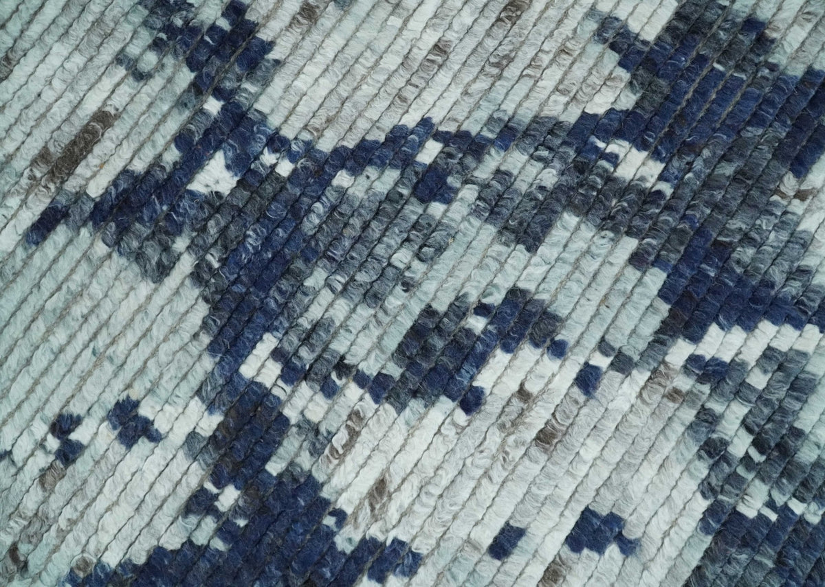 Custom Made Hand Woven Silver And Blue Abstract Trellis Moroccan Blended Wool Rug.
