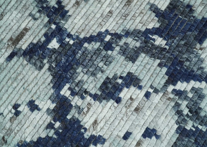 Custom Made Hand Woven Silver And Blue Abstract Trellis Moroccan Blended Wool Rug.