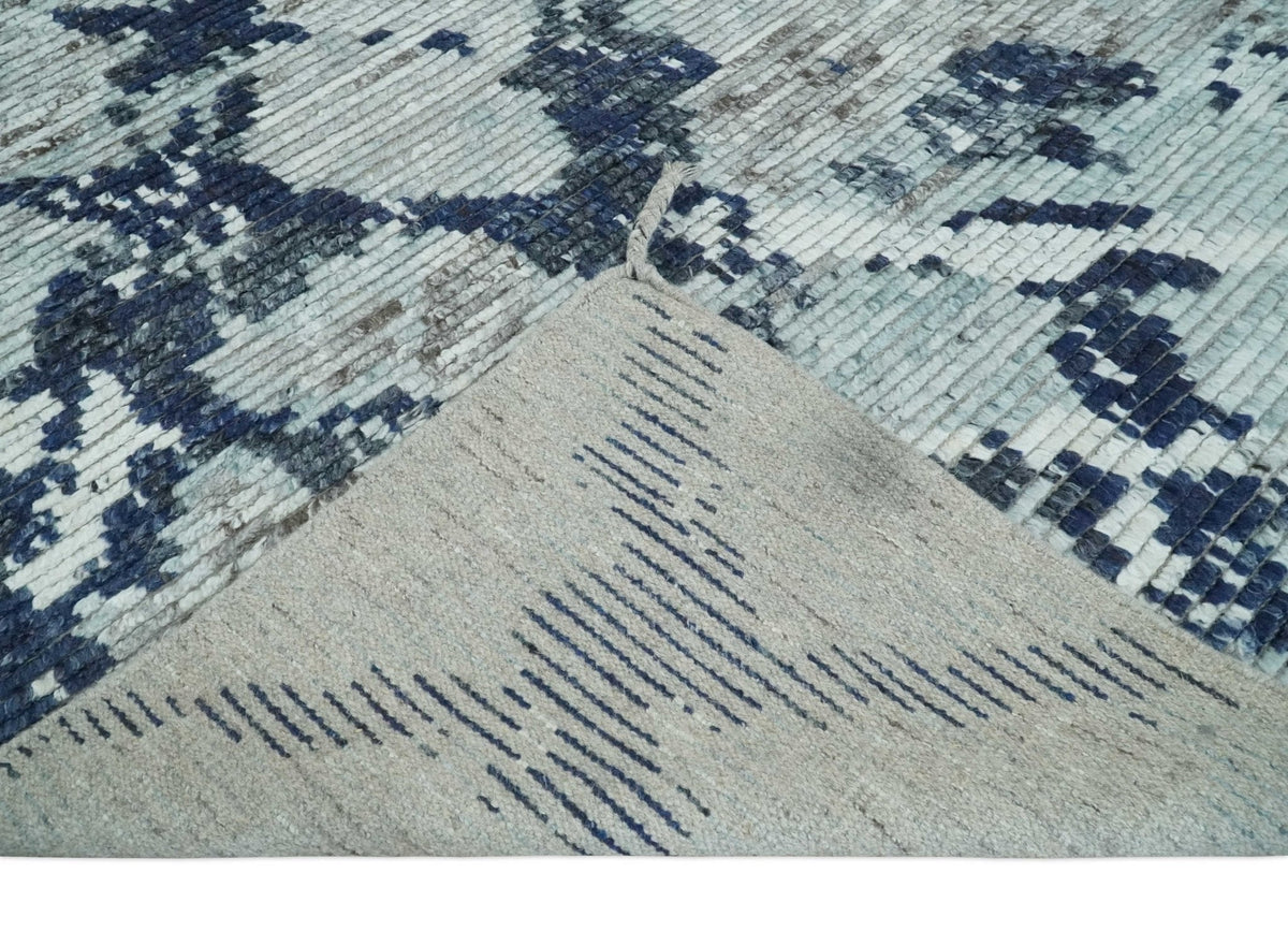 Custom Made Hand Woven Silver And Blue Abstract Trellis Moroccan Blended Wool Rug.