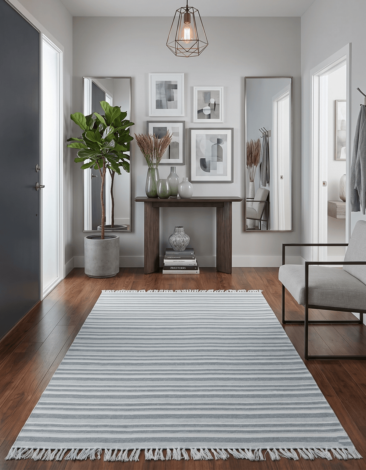 Handmade 5x8 Modern Stripes Pattern Blue And White Wool Rug.