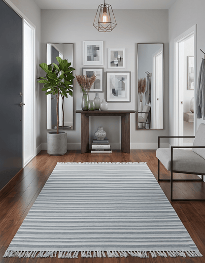 Handmade 5x8 Modern Stripes Pattern Blue And White Wool Rug.