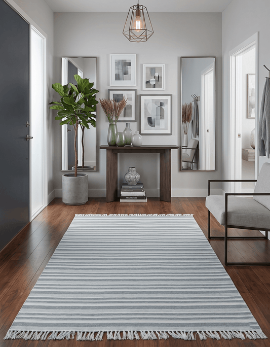 Handmade 5x8 Modern Stripes Pattern Blue And White Wool Rug.