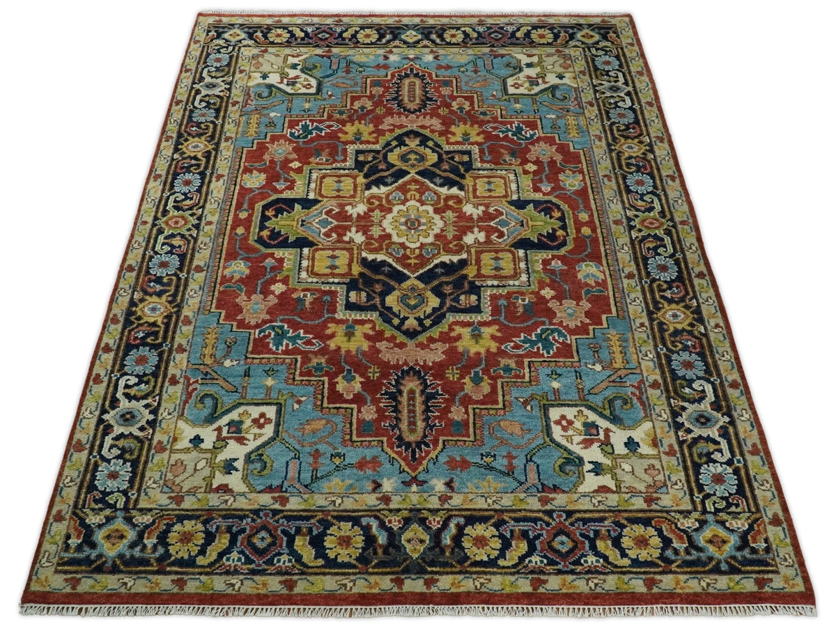 Rust And Blue Traditional Medallion Hand Knotted Wool Area Rug.
