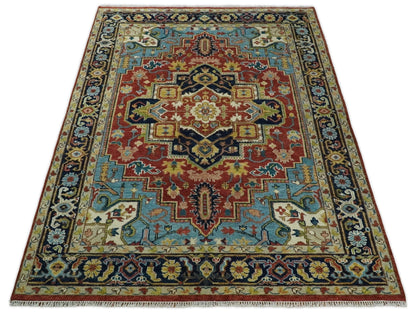 Rust And Blue Traditional Medallion Hand Knotted Wool Area Rug.