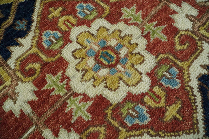 Rust And Blue Traditional Medallion Hand Knotted Wool Area Rug.