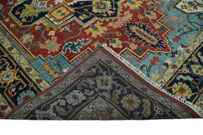 Rust And Blue Traditional Medallion Hand Knotted Wool Area Rug.