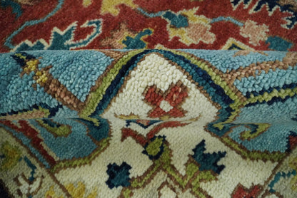 Rust And Blue Traditional Medallion Hand Knotted Wool Area Rug.