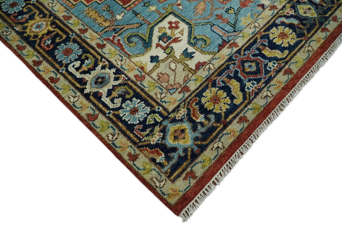 Rust And Blue Traditional Medallion Hand Knotted Wool Area Rug.