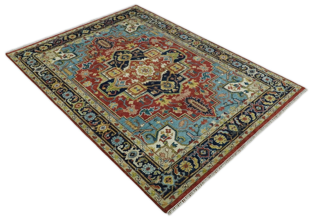 Rust And Blue Traditional Medallion Hand Knotted Wool Area Rug.