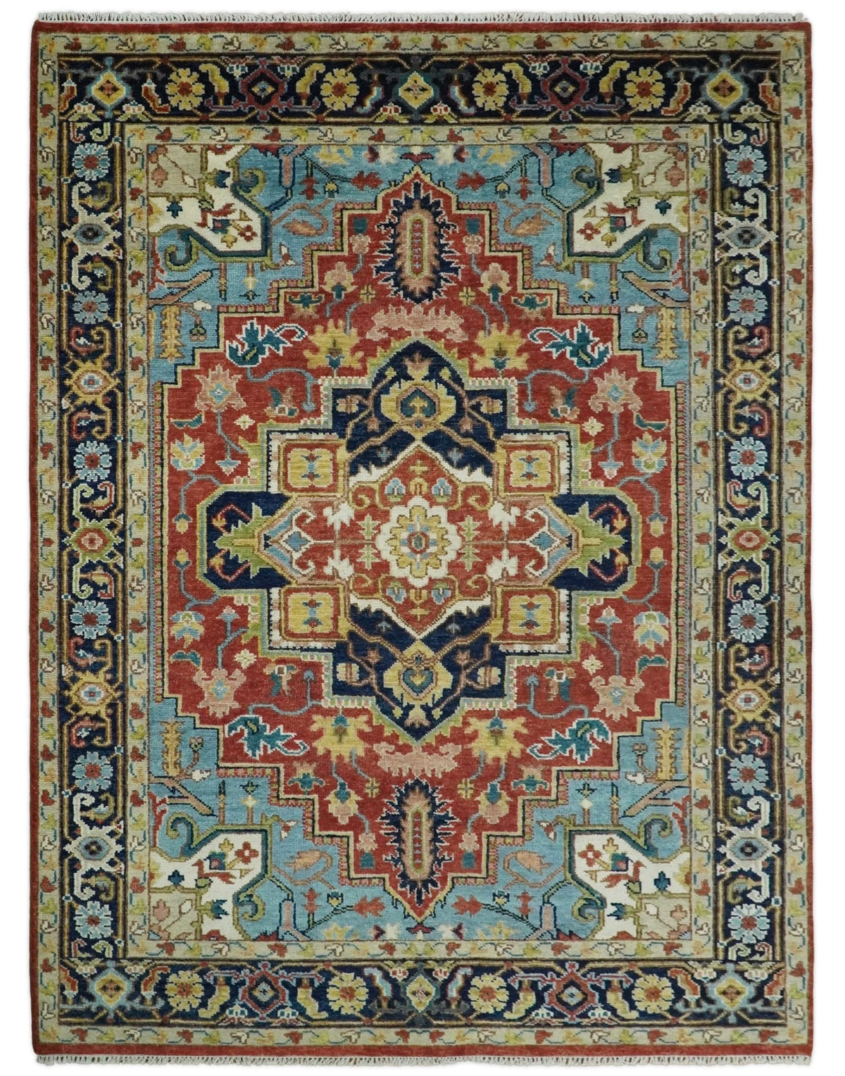Rust And Blue Traditional Medallion Hand Knotted Wool Area Rug.