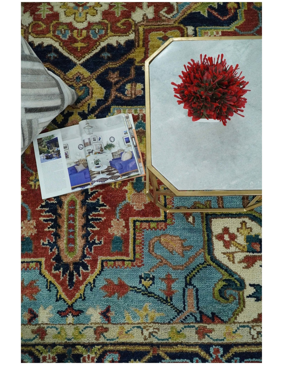 Rust And Blue Traditional Medallion Hand Knotted Wool Area Rug.