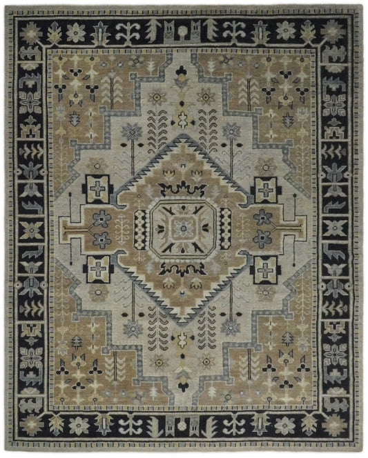 Vintage Distressed Hand Knotted Traditional Heriz Camel Custom Made wool Area Rug.