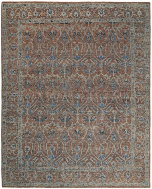 Vintage Style Hand Knotted Serapi Blue and Rust Traditional Custom Made Area Rug.