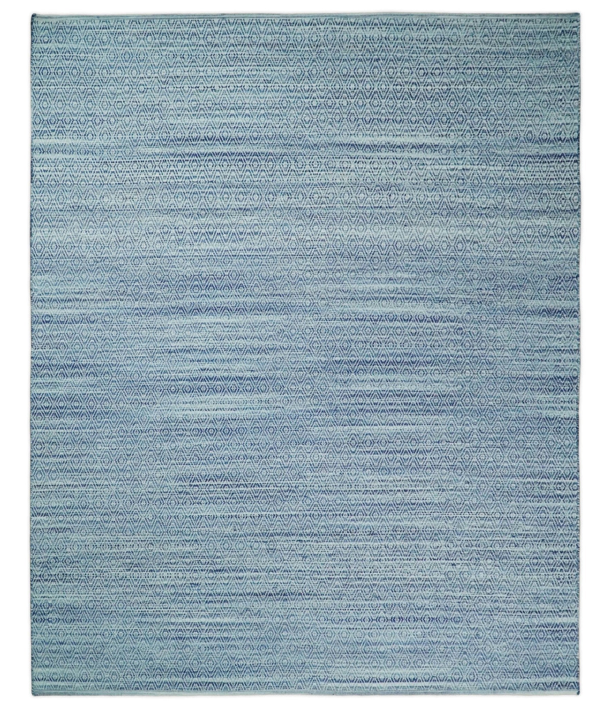 Handmade Boho Ivory and Blue Wool Blend Dhurrie Rug.