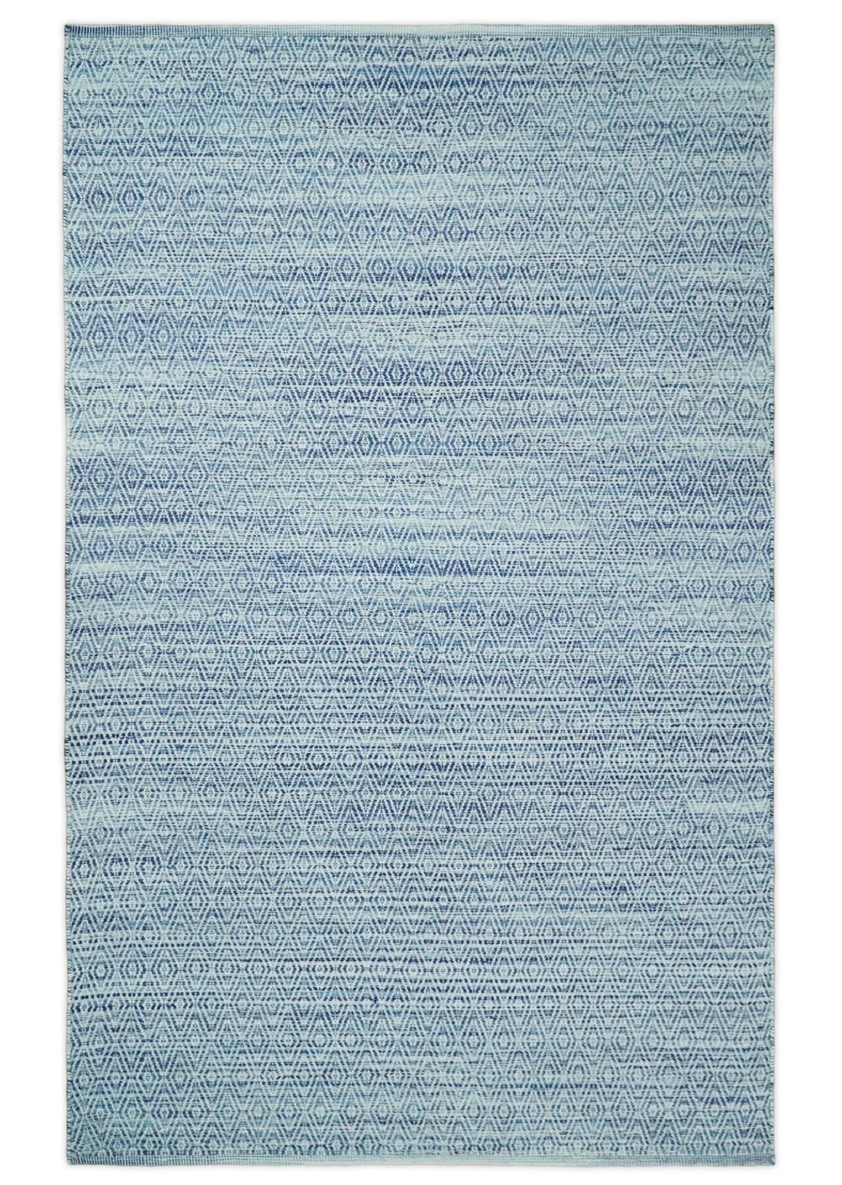 Handmade Boho Ivory and Blue Wool Blend Dhurrie Rug.