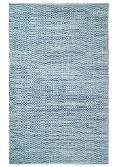 Handmade Boho Ivory and Blue Wool Blend Dhurrie Rug.