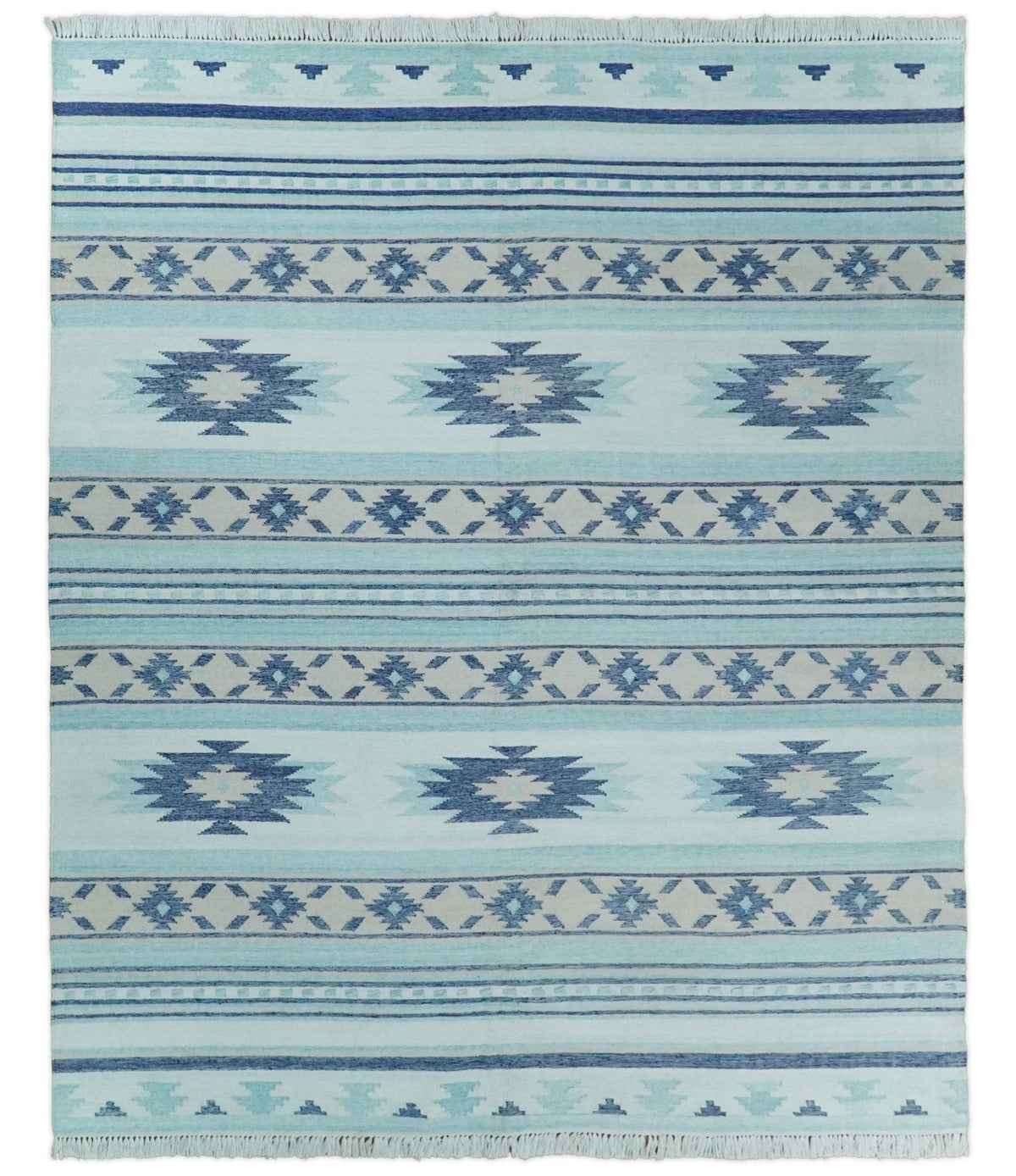 Handmade Modern Style Blue Wool Blend Dhurrie Rug.