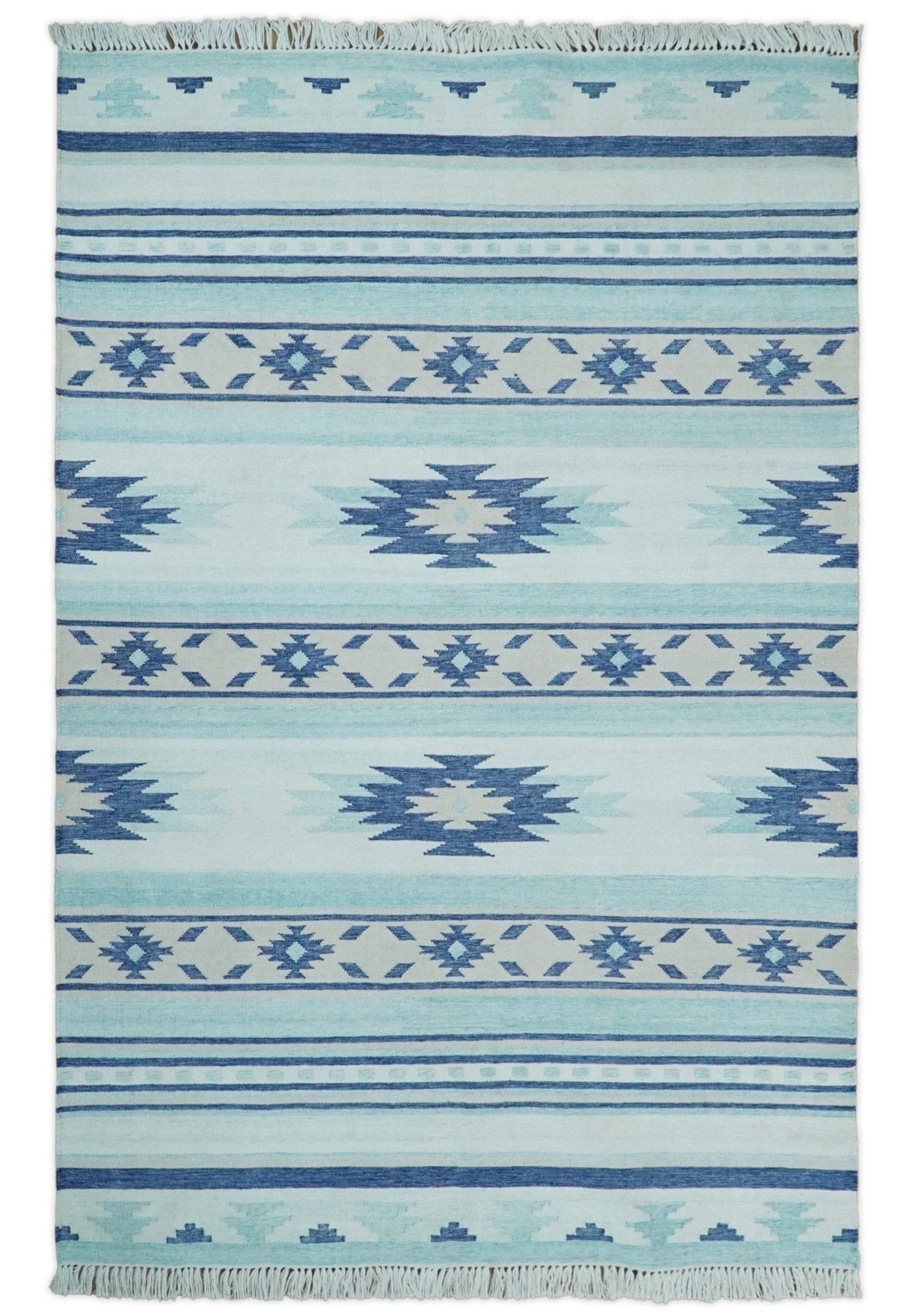 Handmade Modern Style Blue Wool Blend Dhurrie Rug.