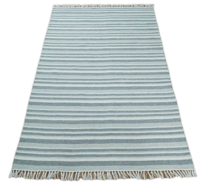 Handmade 5x8 Modern Stripes Pattern Blue And White Wool Rug.