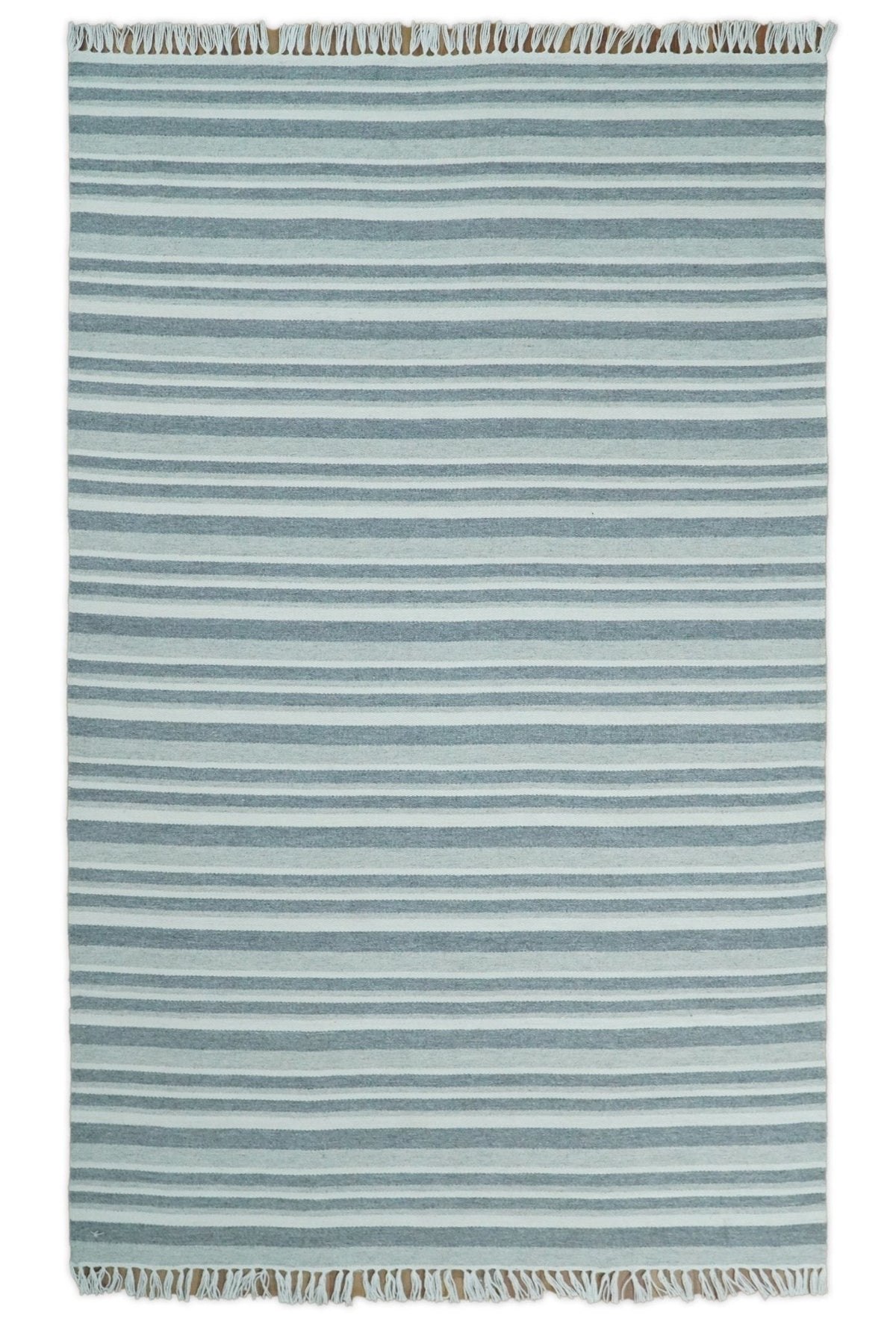 Handmade 5x8 Modern Stripes Pattern Blue And White Wool Rug.