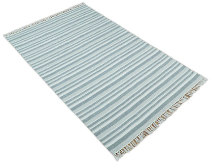 Handmade 5x8 Modern Stripes Pattern Blue And White Wool Rug.