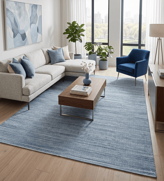 Handmade Boho Ivory and Blue Wool Blend Dhurrie Rug.