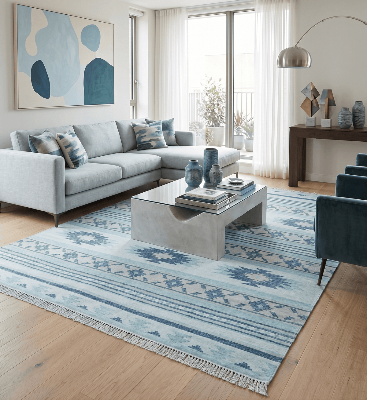 Handmade Modern Style Blue Wool Blend Dhurrie Rug.