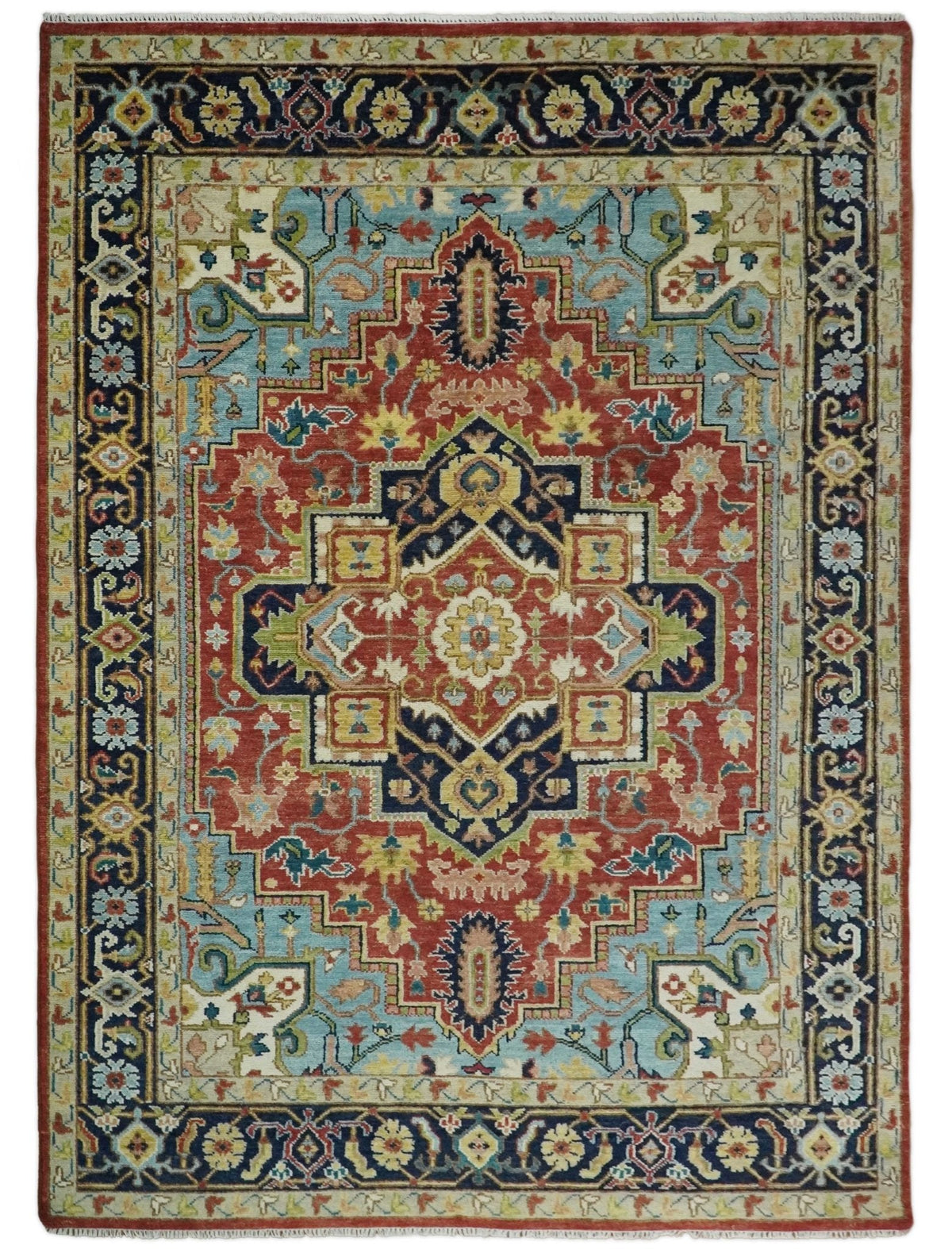 Rust And Blue Traditional Medallion Hand Knotted Wool Area Rug.