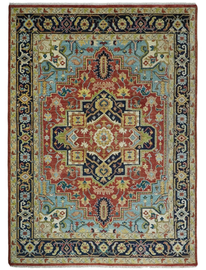 Rust And Blue Traditional Medallion Hand Knotted Wool Area Rug.