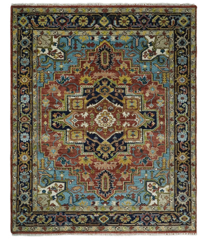 Rust And Blue Traditional Medallion Hand Knotted Wool Area Rug.