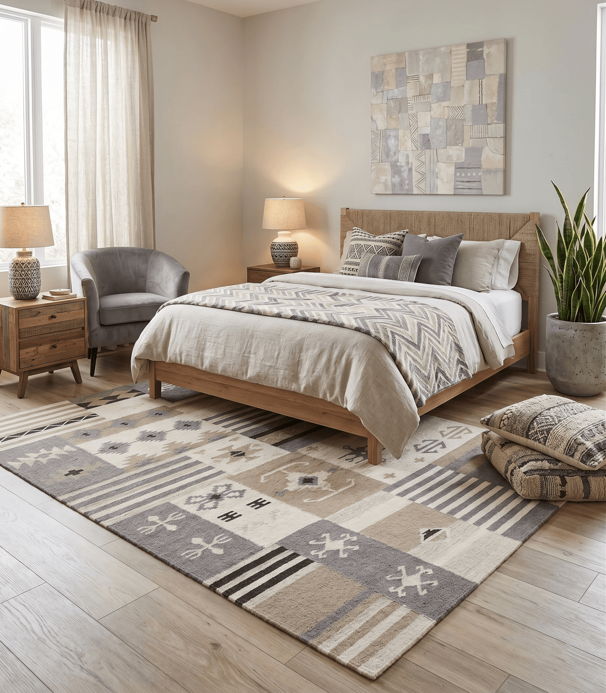 Handwoven Tribal Patterns Brown and Gray Wool Area Rug.