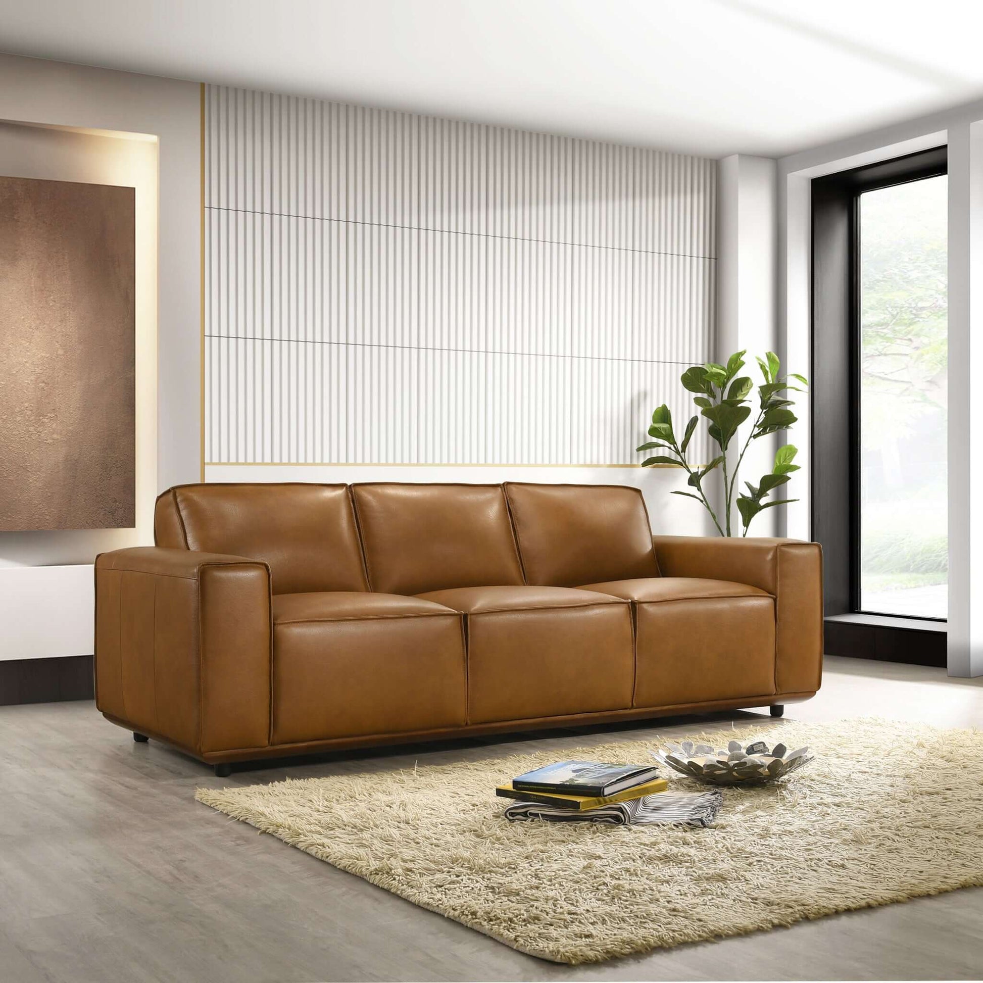Ashcroft Furniture Co Hanky Mid-Century Modern Genuine Tan Leather Sofa