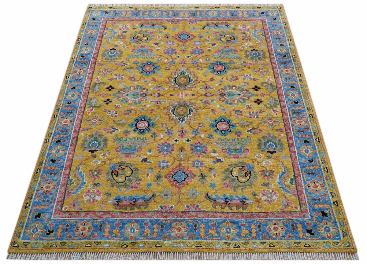 Hanoi Oriental Design Mustard Hand Knotted Wool Area Rug.