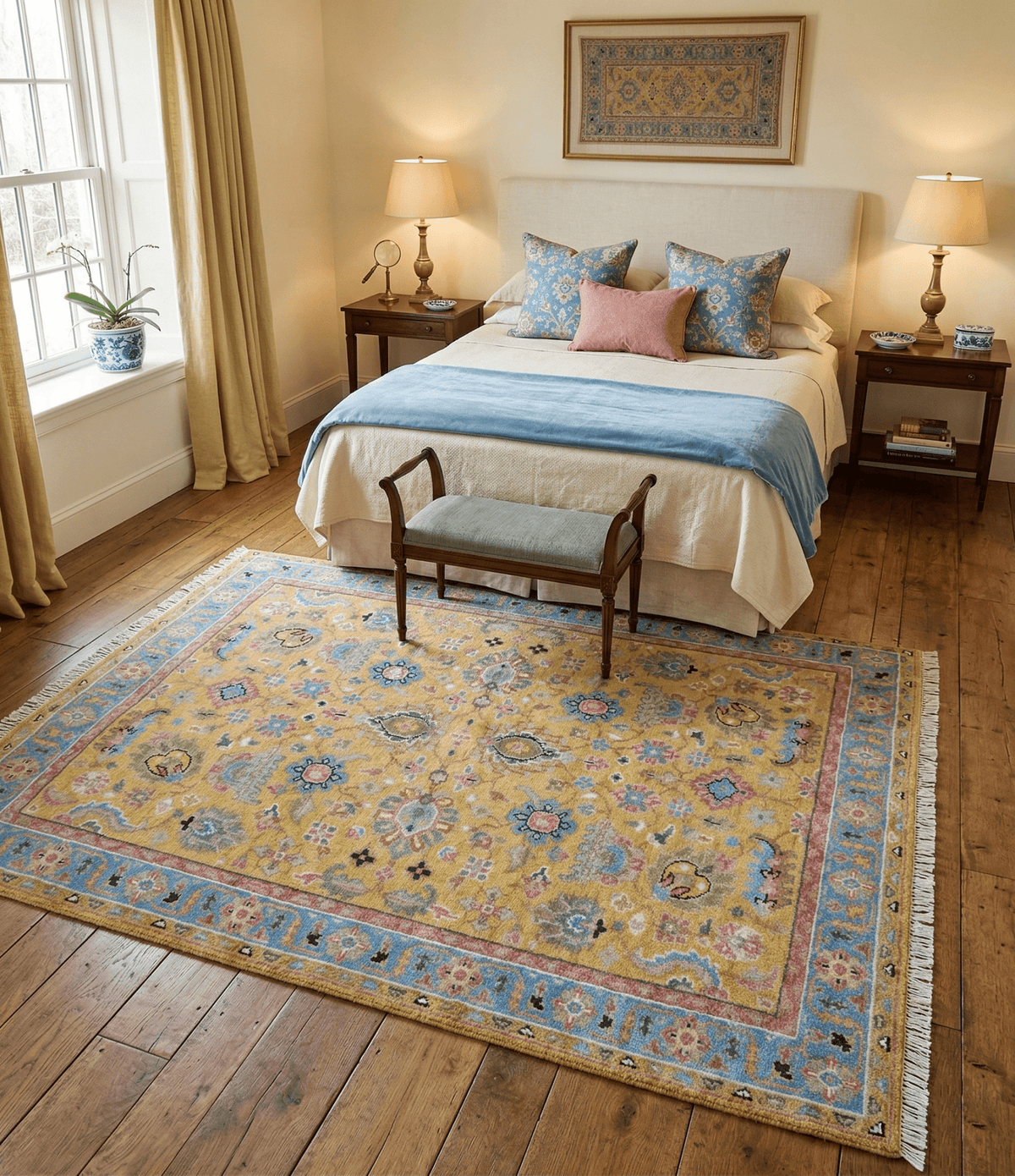 Hanoi Oriental Design Mustard Hand Knotted Wool Area Rug.