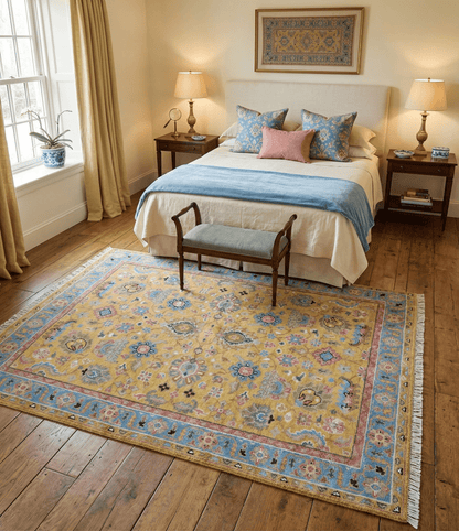 Hanoi Oriental Design Mustard Hand Knotted Wool Area Rug.