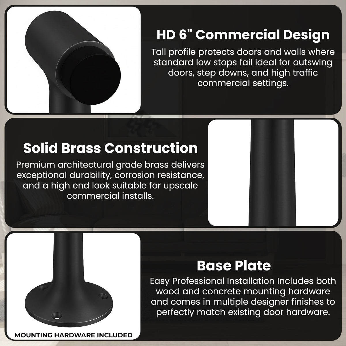 Heavy Duty 6″ Floor-Mount Door Stop – Solid Brass, Commercial Grade (Matte Black).