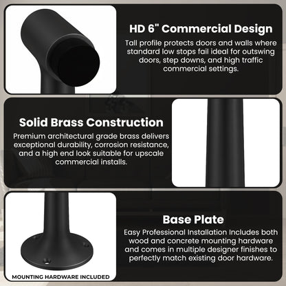 Heavy Duty 6″ Floor-Mount Door Stop – Solid Brass, Commercial Grade (Matte Black).