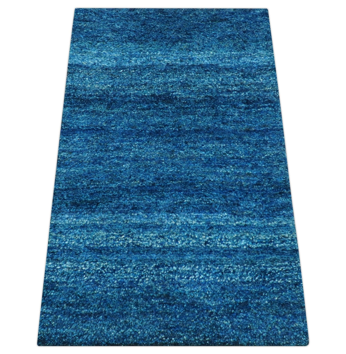 High Pile Blue Hand knotted Contemporary Custom Made Solid Afghan wool Area Rug.