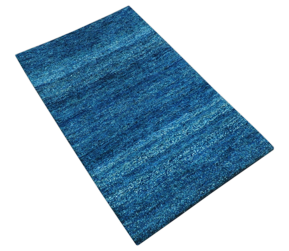 High Pile Blue Hand knotted Contemporary Custom Made Solid Afghan wool Area Rug.