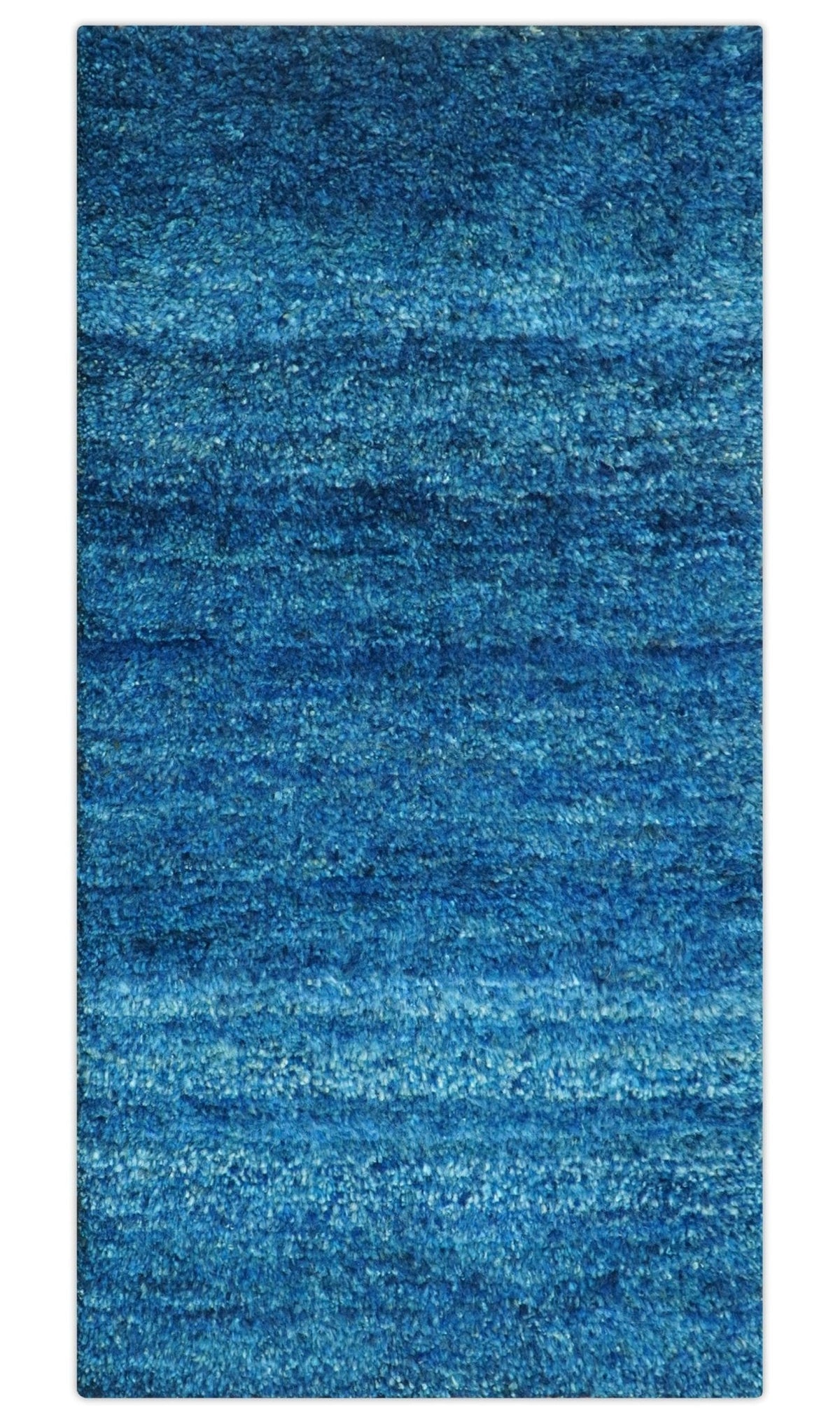 High Pile Blue Hand knotted Contemporary Custom Made Solid Afghan wool Area Rug.