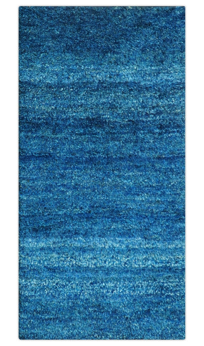 High Pile Blue Hand knotted Contemporary Custom Made Solid Afghan wool Area Rug.