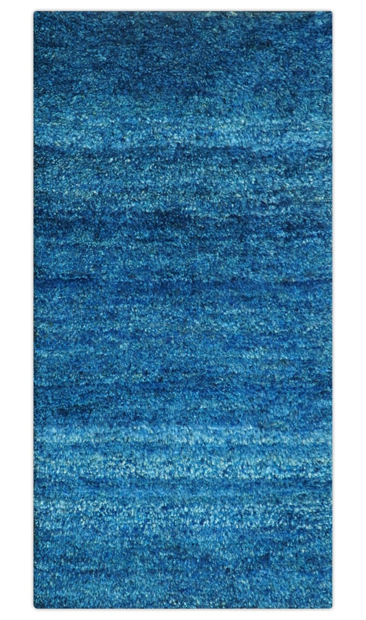 High Pile Blue Hand knotted Contemporary Custom Made Solid Afghan wool Area Rug.