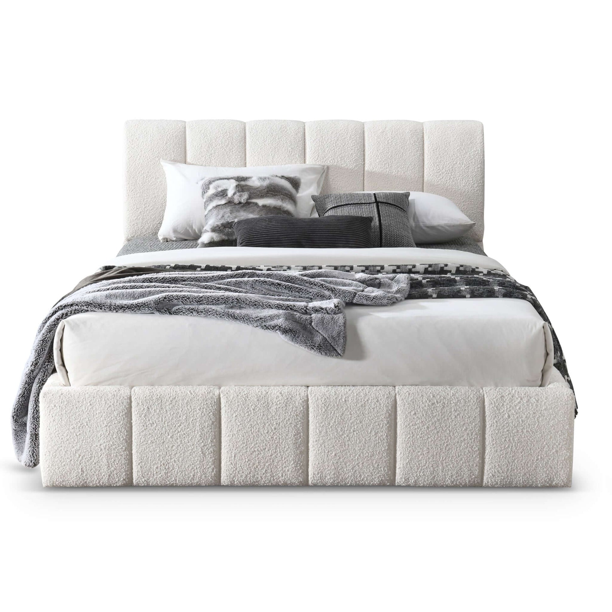 Ashcroft Furniture Co Queen Hilar Mid-Century Modern White Boucle Platform Bed