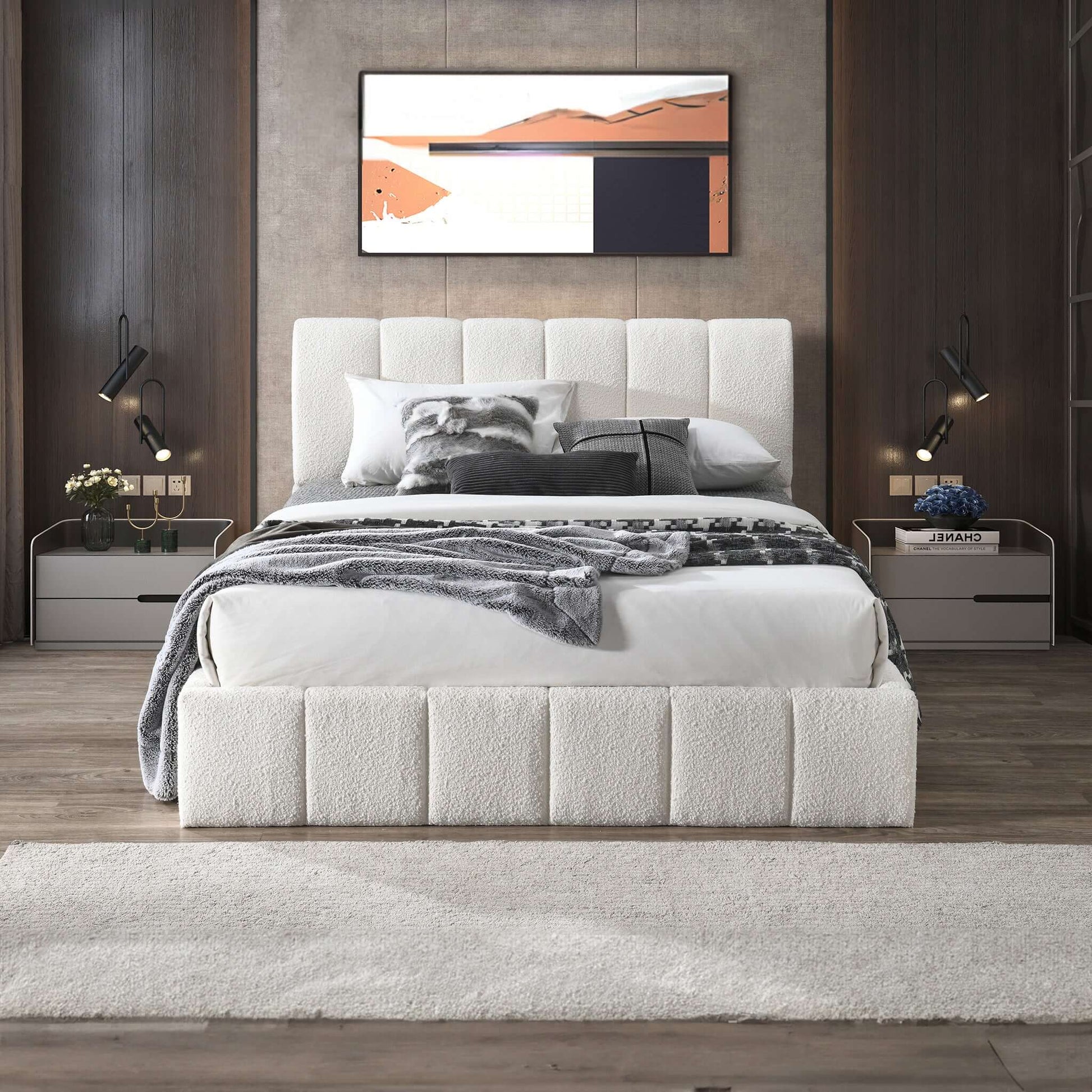 Ashcroft Furniture Co Hilar Mid-Century Modern White Boucle Platform Bed